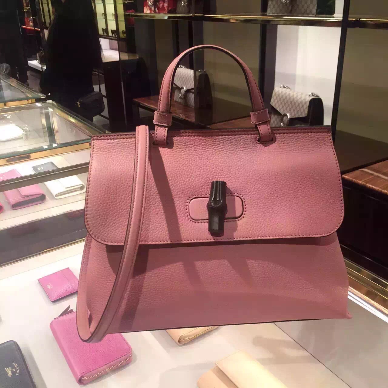 Real Gucci Bamboo Daily Leather Top Handle Bag 370831 Pink